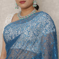 Teal Blue Premium French Metallic Chantilly Saree Lace, 5.5 Mtrs Length, 110 Cms Width, Made in France-D24443