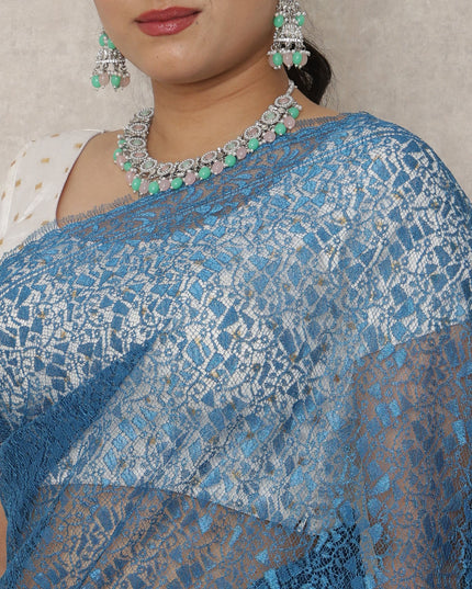 Teal Blue Premium French Metallic Chantilly Saree Lace, 5.5 Mtrs Length, 110 Cms Width, Made in France-D24443