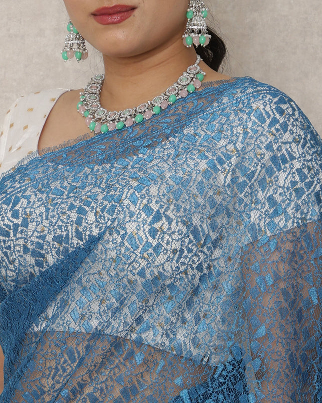 Teal Blue Premium French Metallic Chantilly Saree Lace, 5.5 Mtrs Length, 110 Cms Width, Made in France-D24443