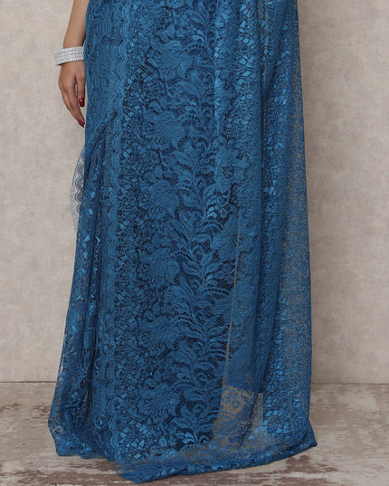 French Chantilly Lace Saree Piece - Peacock Blue