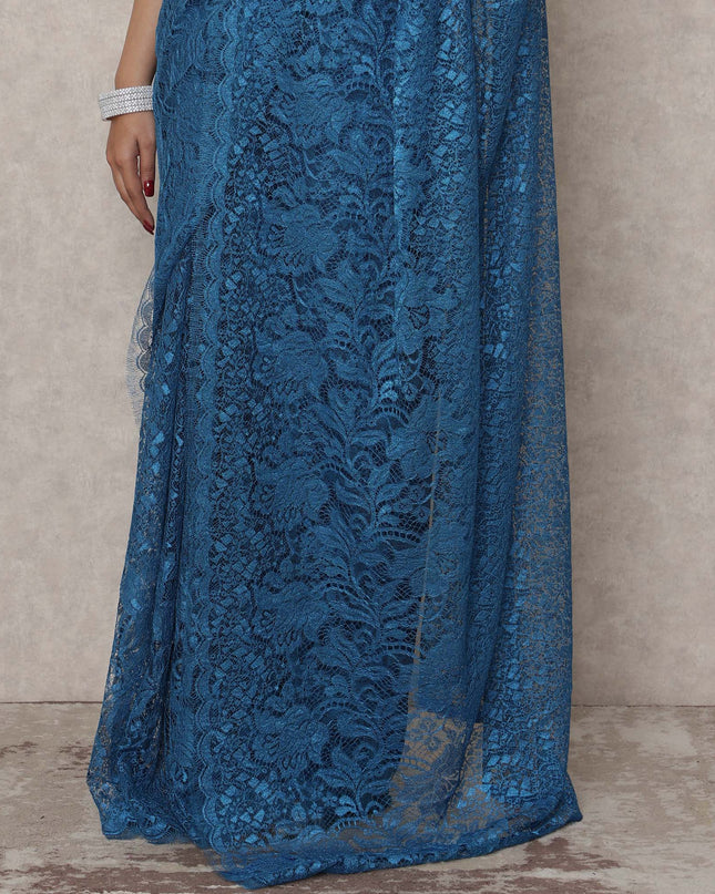 French Chantilly Lace Saree Piece - Peacock Blue