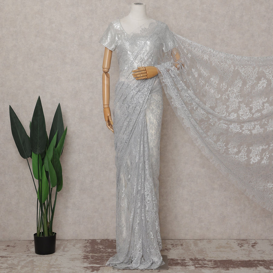 Platinum Silver French Chantilly Lace Saree