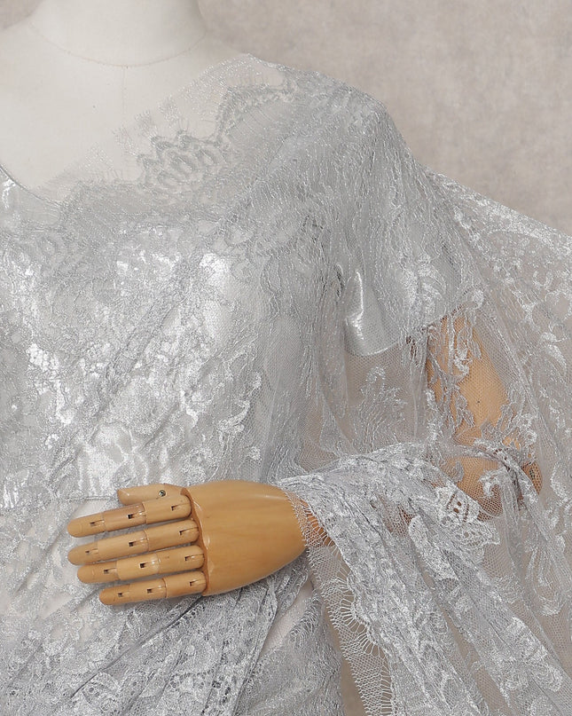 Platinum Silver French Chantilly Lace Saree