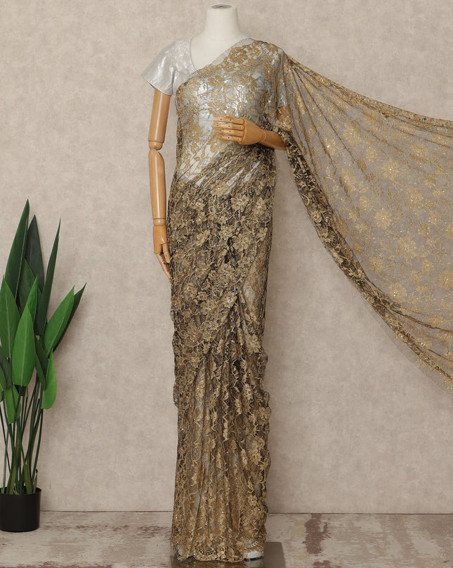 Antique Gold Premium French 2 Tone Chantilly Saree Lace With Stone Work Fabric 5.5 Meters Length 110 Cms Width Imported From France Elegant Designer Lace Blouse Not Included-D27366