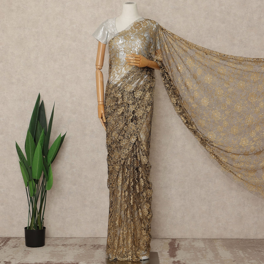 Antique Gold Premium French 2 Tone Chantilly Saree Lace With Stone Work Fabric 5.5 Meters Length 110 Cms Width Imported From France Elegant Designer Lace Blouse Not Included-D27366