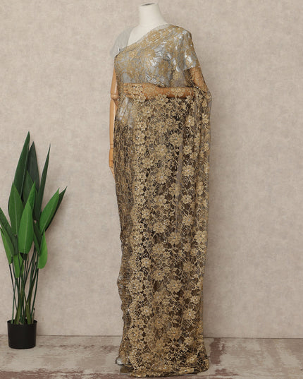 Antique Gold Premium French 2 Tone Chantilly Saree Lace With Stone Work Fabric 5.5 Meters Length 110 Cms Width Imported From France Elegant Designer Lace Blouse Not Included-D27366