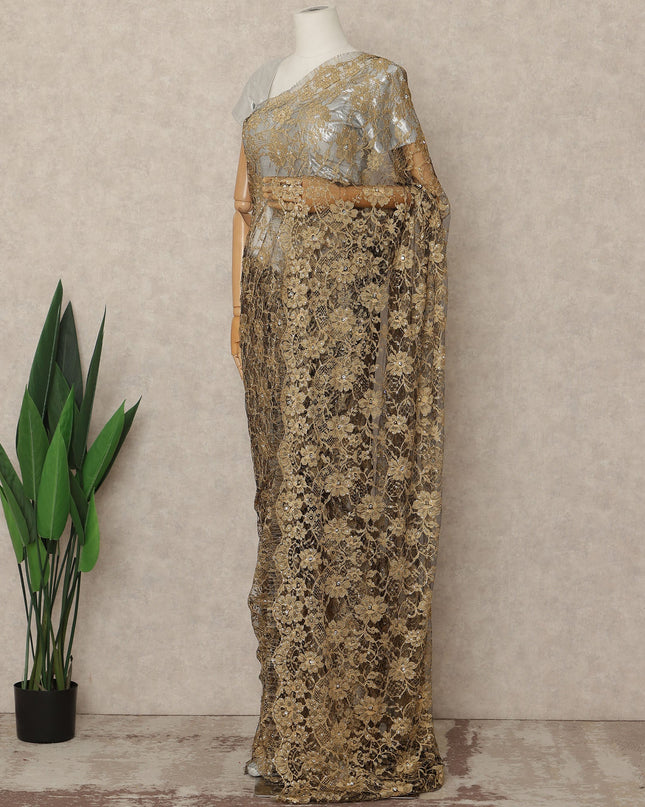 Antique Gold Premium French 2 Tone Chantilly Saree Lace With Stone Work Fabric 5.5 Meters Length 110 Cms Width Imported From France Elegant Designer Lace Blouse Not Included-D27366