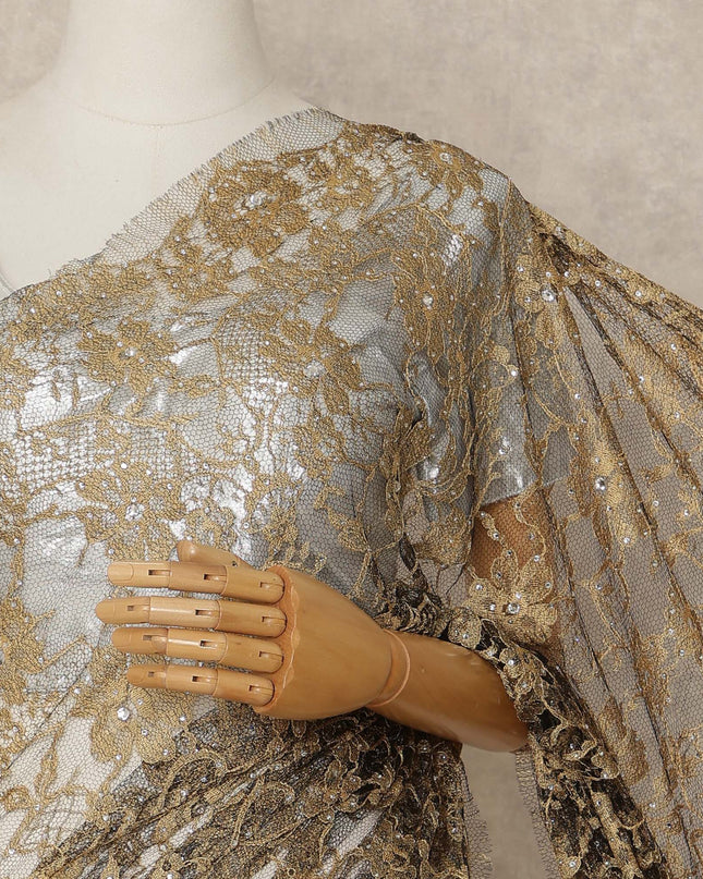 Antique Gold Premium French 2 Tone Chantilly Saree Lace With Stone Work Fabric 5.5 Meters Length 110 Cms Width Imported From France Elegant Designer Lace Blouse Not Included-D27366