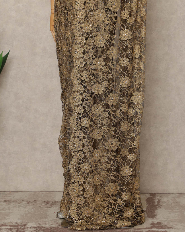 Antique Gold Premium French 2 Tone Chantilly Saree Lace With Stone Work Fabric 5.5 Meters Length 110 Cms Width Imported From France Elegant Designer Lace Blouse Not Included-D27366