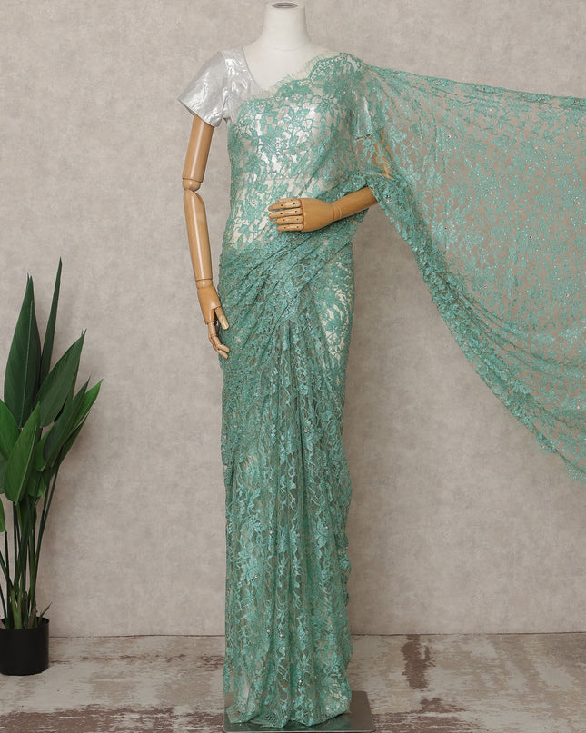 Sea Green Premium French 2-Tone Chantilly Lace Saree with Stone Work, Width 110 Cms, Length 5.5 Mtrs, Imported from France-D25679 Regal Fabrics