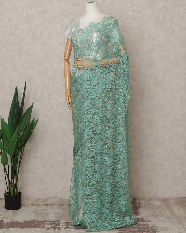 Sea Green Premium French 2-Tone Chantilly Lace Saree with Stone Work, Width 110 Cms, Length 5.5 Mtrs, Imported from France-D25679 Regal Fabrics