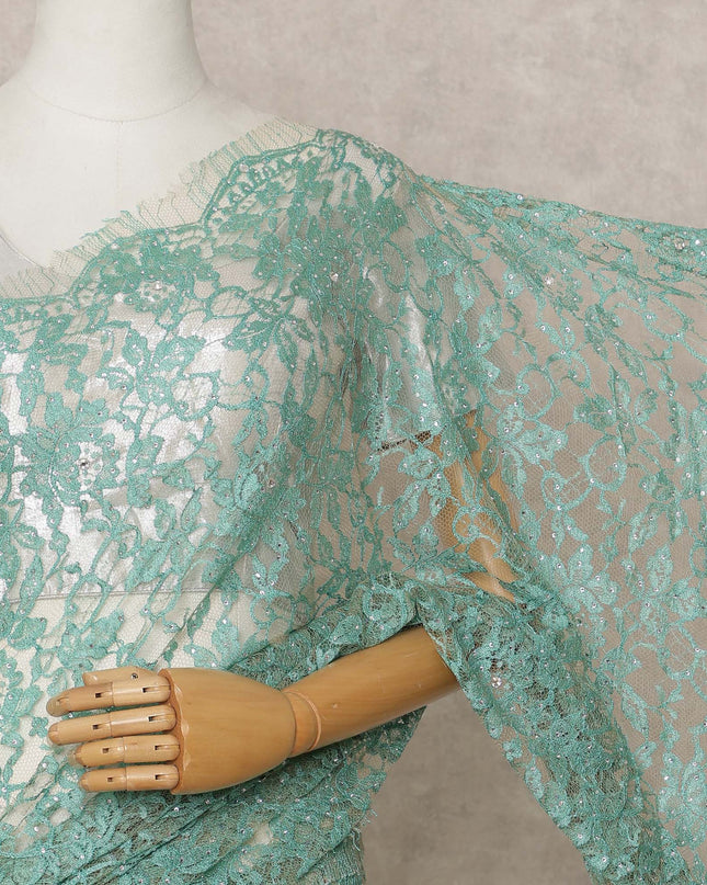 Sea Green Premium French 2-Tone Chantilly Lace Saree with Stone Work, Width 110 Cms, Length 5.5 Mtrs, Imported from France-D25679 Regal Fabrics