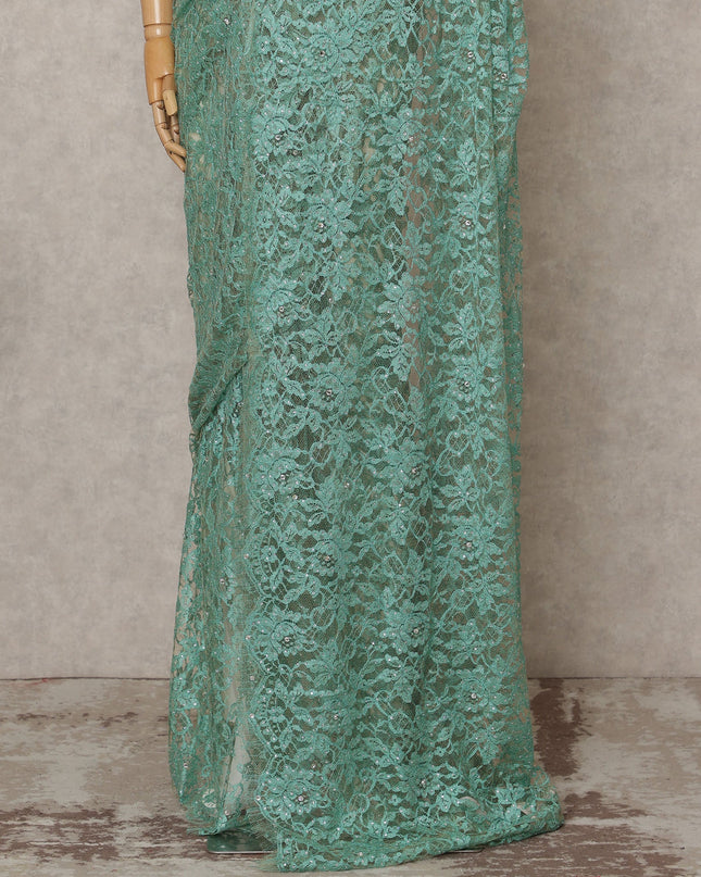 Sea Green Premium French 2-Tone Chantilly Lace Saree with Stone Work, Width 110 Cms, Length 5.5 Mtrs, Imported from France-D25679 Regal Fabrics