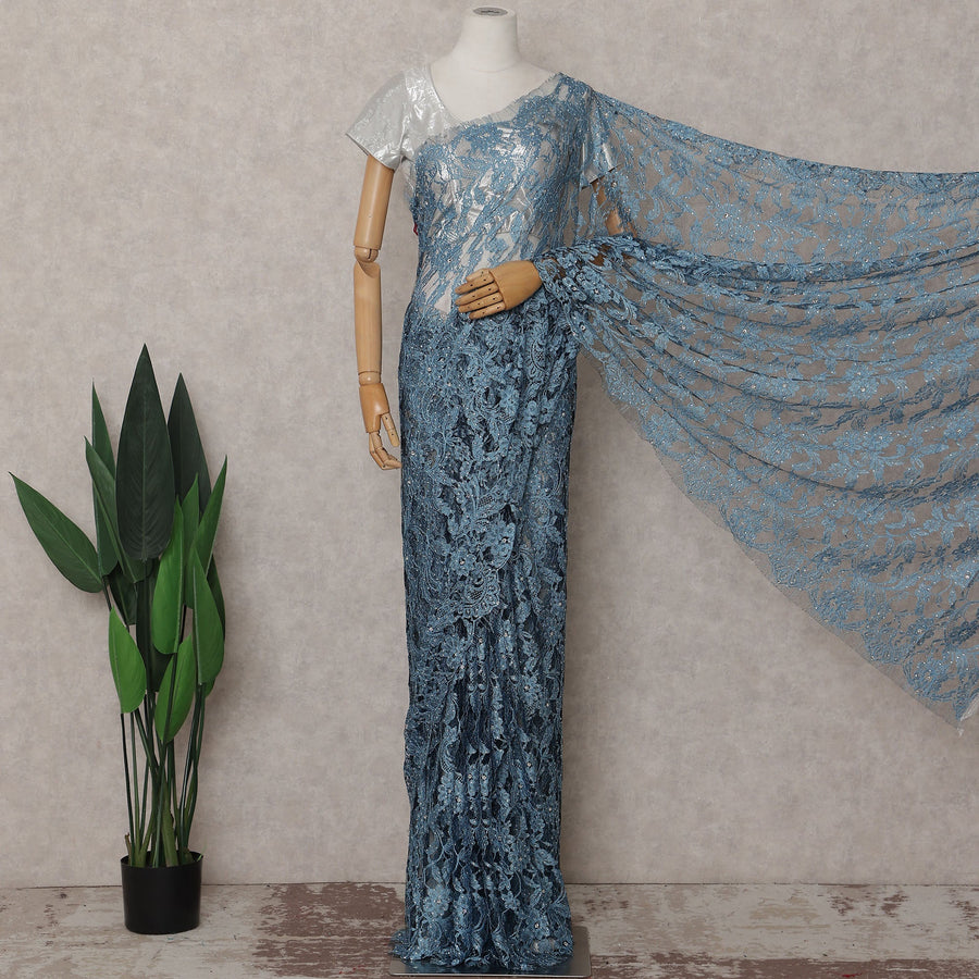 Blue French Chantilly Lace Saree | Regal