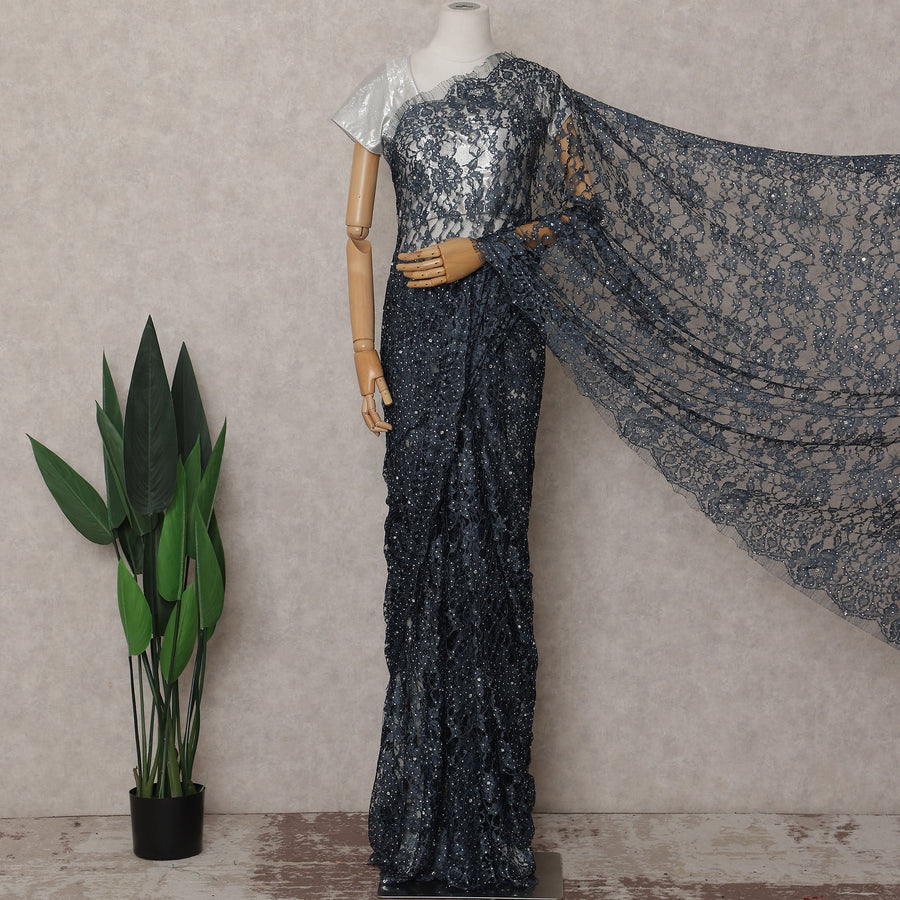 Grey French Chantilly Lace Saree | Regal