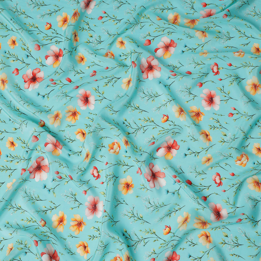 Blue Floral Printed Viscose Crepe 110cm