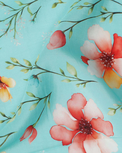 Blue Floral Printed Viscose Crepe 110cm