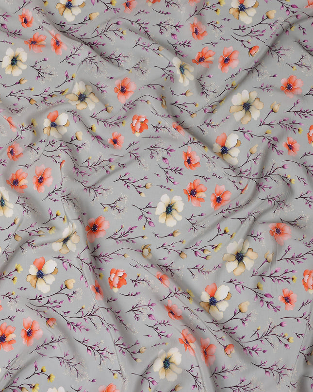 Grey Floral Printed Viscose Crepe 110cm
