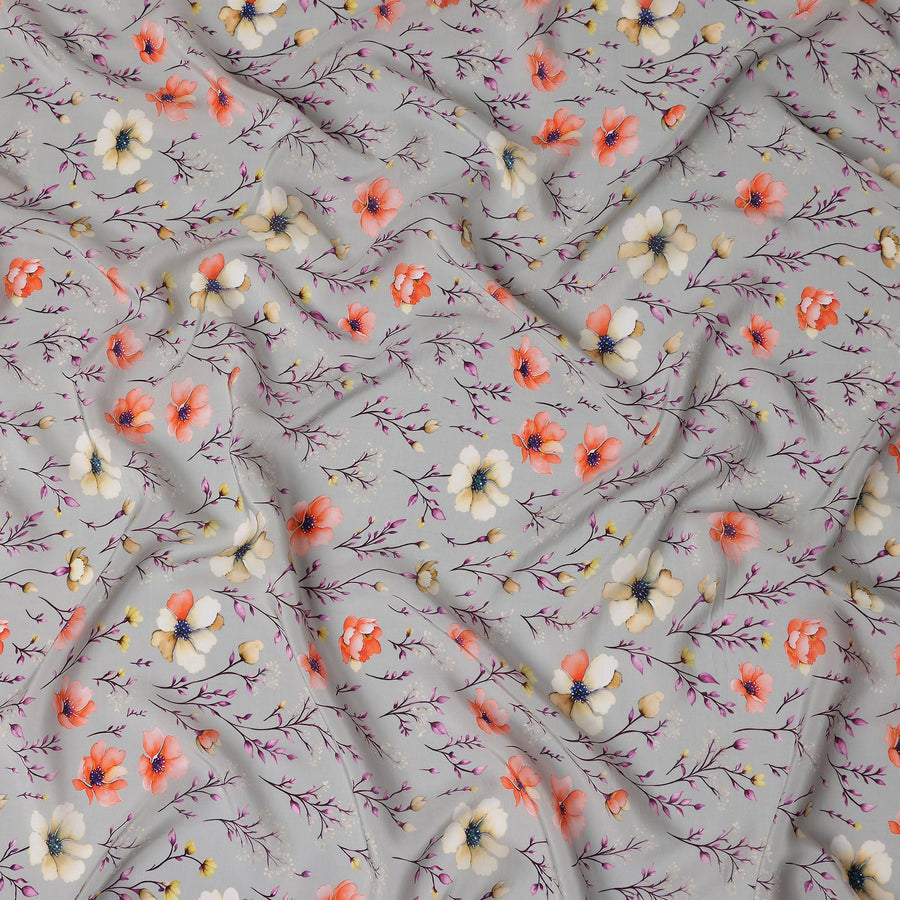 Grey Floral Printed Viscose Crepe 110cm