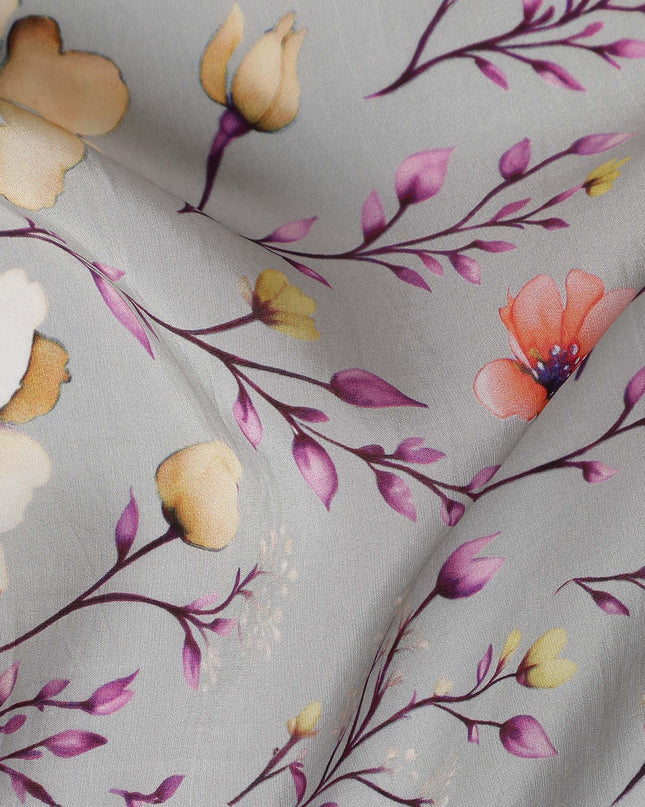 Grey Floral Printed Viscose Crepe 110cm