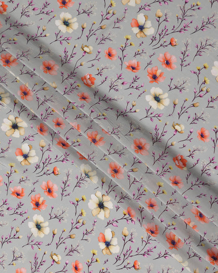 Grey Floral Printed Viscose Crepe 110cm