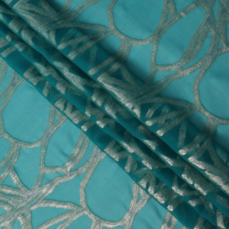 Teal Abstract Silk Chiffon Fabric with Metallic Lurex, 140 Cms, South Korea-D25486