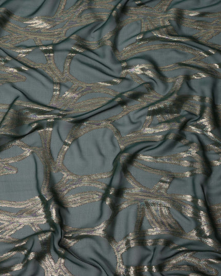 Dark Green Abstract Silk Chiffon Fabric with Metallic Lurex, 140 Cms, South Korea-D25489
