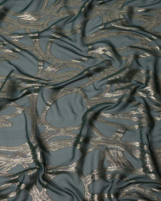 Dark Green Abstract Silk Chiffon Fabric with Metallic Lurex, 140 Cms, South Korea-D25489