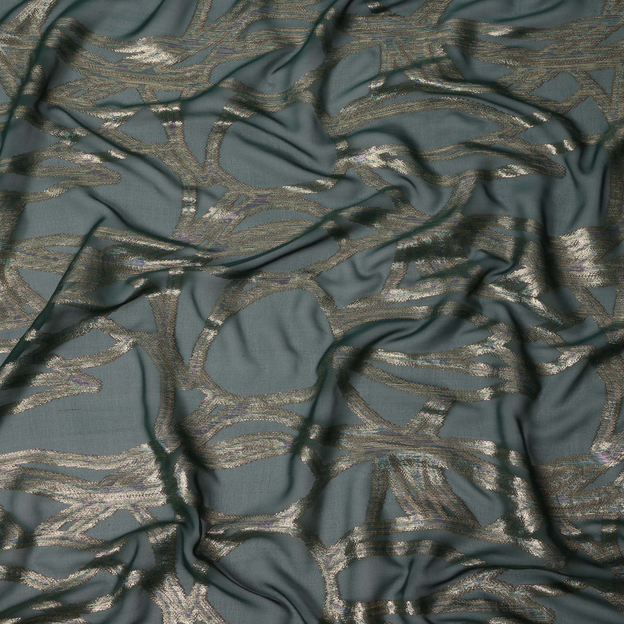 Dark Green Abstract Silk Chiffon Fabric with Metallic Lurex, 140 Cms, South Korea-D25489