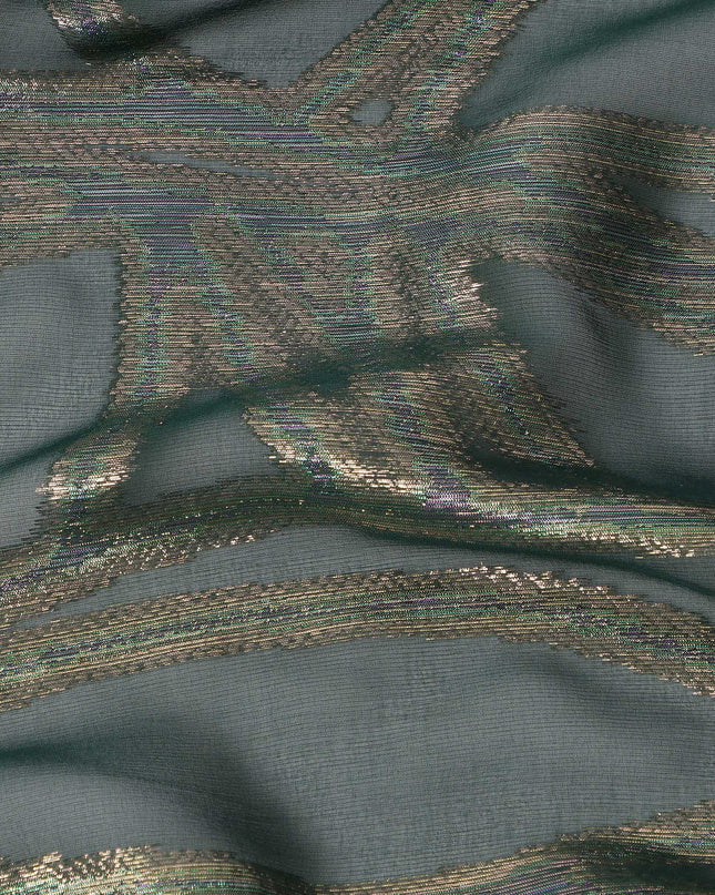 Dark Green Abstract Silk Chiffon Fabric with Metallic Lurex, 140 Cms, South Korea-D25489