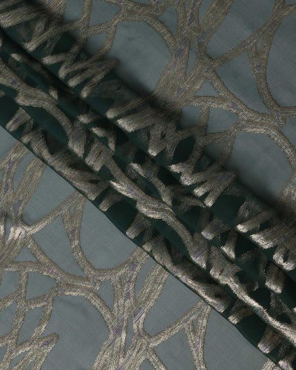 Dark Green Abstract Silk Chiffon Fabric with Metallic Lurex, 140 Cms, South Korea-D25489