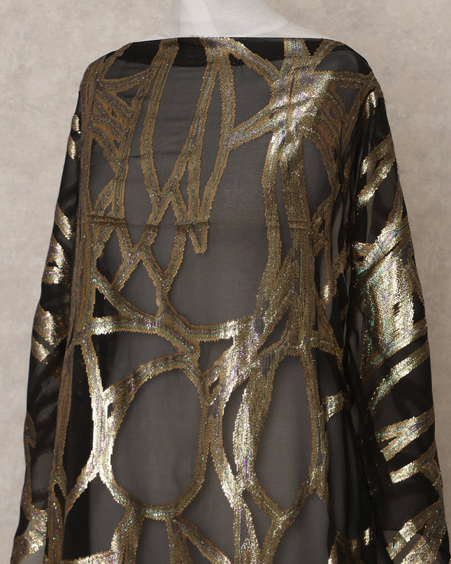 Black Traditional Somali Silk Chiffon Dirac Fabric with Metallic Lurex, 3.5 Mtrs Piece, Width 140 Cms, Made in South Korea-D26516