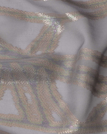 Grey Abstract Silk Chiffon Fabric with Metallic Lurex, 140 Cms, South Korea-D25488