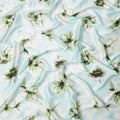 Light Blue Pure Silk Satin Fabric with Green Floral Print, 140 Cms Width, South Korea-D25355
