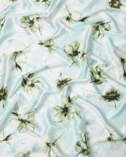 Light Blue Pure Silk Satin Fabric with Green Floral Print, 140 Cms Width, South Korea-D25355