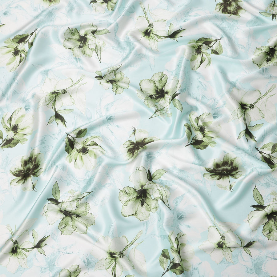 Light Blue Pure Silk Satin Fabric with Green Floral Print, 140 Cms Width, South Korea-D25355