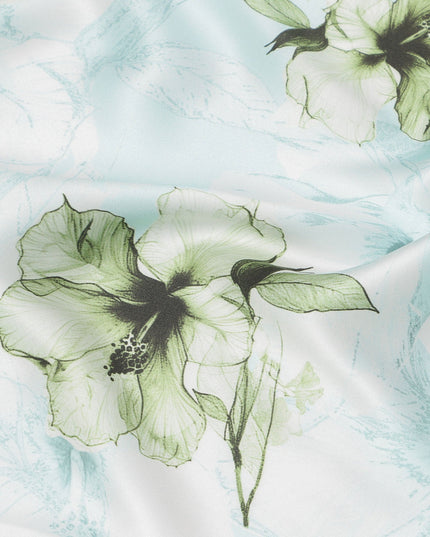 Light Blue Pure Silk Satin Fabric with Green Floral Print, 140 Cms Width, South Korea-D25355