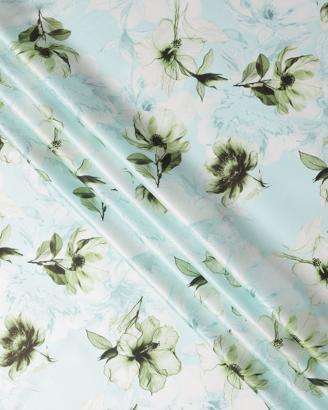 Light Blue Pure Silk Satin Fabric with Green Floral Print, 140 Cms Width, South Korea-D25355