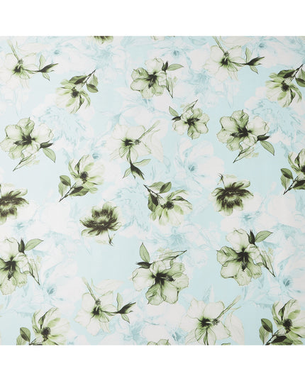 Light Blue Pure Silk Satin Fabric with Green Floral Print, 140 Cms Width, South Korea-D25355