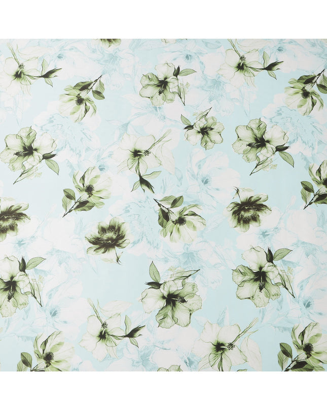 Light Blue Pure Silk Satin Fabric with Green Floral Print, 140 Cms Width, South Korea-D25355