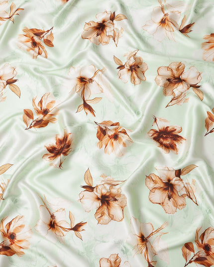 Mint Green Pure Silk Satin Fabric with Brown Floral Print, 140 Cms Width, South Korea-D25357
