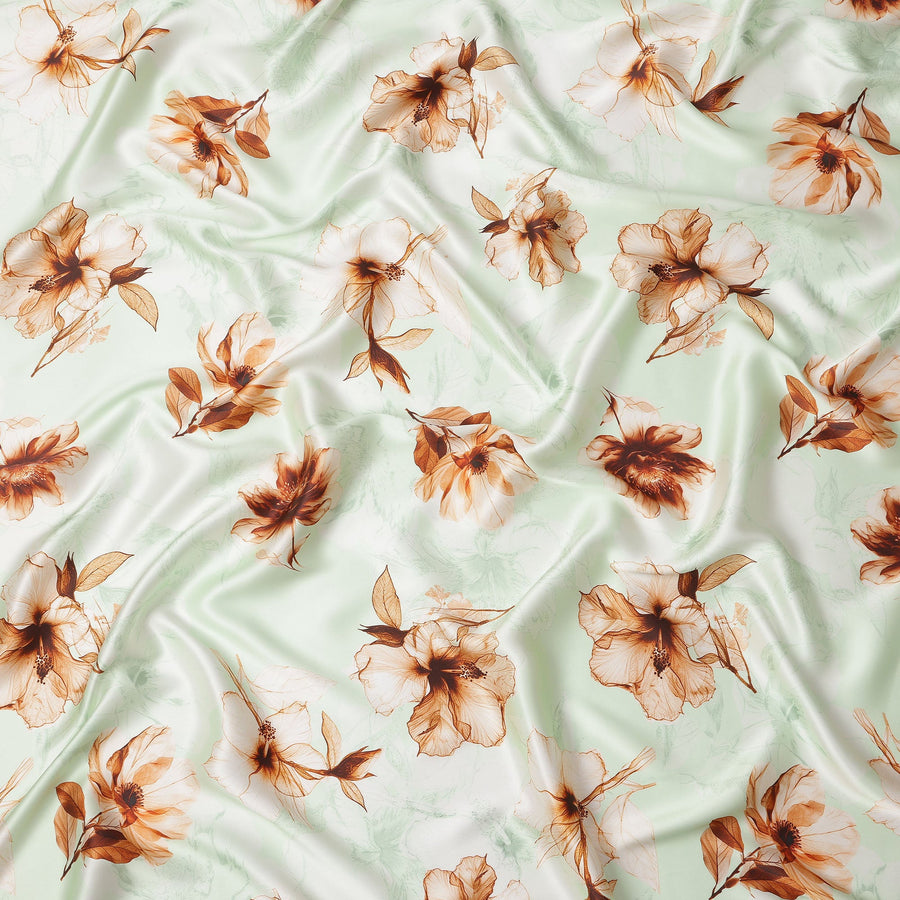 Mint Green Pure Silk Satin Fabric with Brown Floral Print, 140 Cms Width, South Korea-D25357
