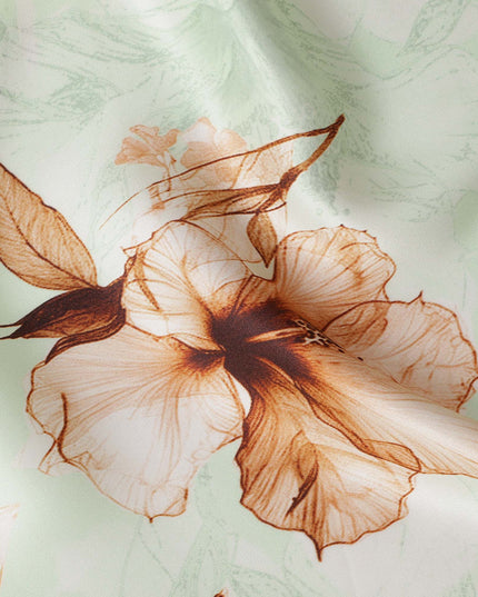 Mint Green Pure Silk Satin Fabric with Brown Floral Print, 140 Cms Width, South Korea-D25357