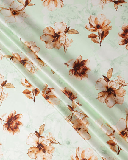 Mint Green Pure Silk Satin Fabric with Brown Floral Print, 140 Cms Width, South Korea-D25357