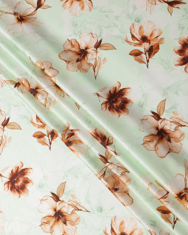 Mint Green Pure Silk Satin Fabric with Brown Floral Print, 140 Cms Width, South Korea-D25357