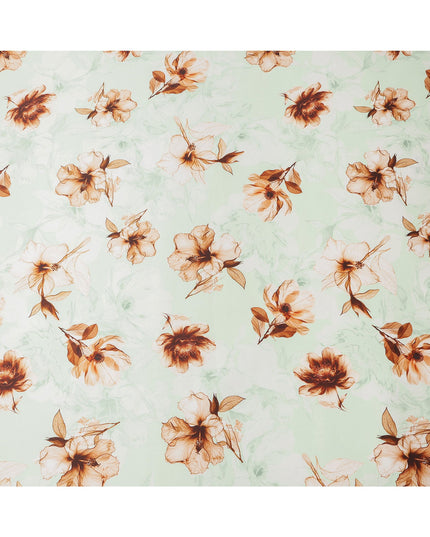 Mint Green Pure Silk Satin Fabric with Brown Floral Print, 140 Cms Width, South Korea-D25357