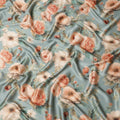 Dusty Blue Pure Silk Satin Fabric with Peach and Cream Floral Print, 140 Cms Width, South Korea-D25358