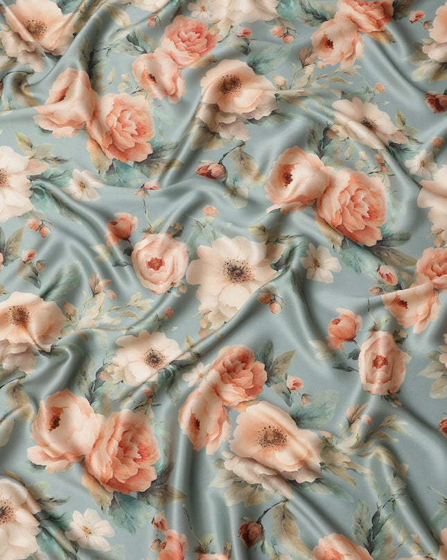 Dusty Blue Pure Silk Satin Fabric with Peach and Cream Floral Print, 140 Cms Width, South Korea-D25358