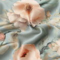 Dusty Blue Pure Silk Satin Fabric with Peach and Cream Floral Print, 140 Cms Width, South Korea-D25358