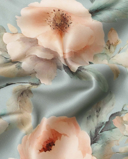 Dusty Blue Pure Silk Satin Fabric with Peach and Cream Floral Print, 140 Cms Width, South Korea-D25358